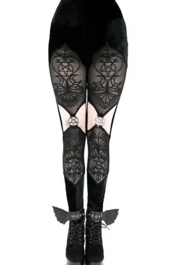 Aksamitne legginsy VESPER z haftem i pentagramami-Restyle Sale