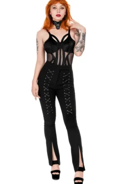 BONDED FLARE PANTS Spodnie z wysokim stanem z rozcięciami i sznurowaniem-Restyle Discount