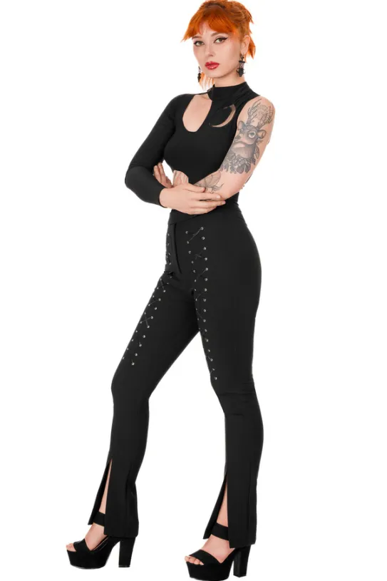 BONDED FLARE PANTS Spodnie z wysokim stanem z rozcięciami i sznurowaniem-Restyle Discount
