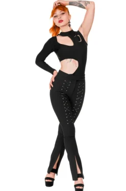 BONDED FLARE PANTS Spodnie z wysokim stanem z rozcięciami i sznurowaniem-Restyle Discount