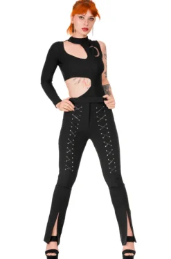 BONDED FLARE PANTS Spodnie z wysokim stanem z rozcięciami i sznurowaniem-Restyle Discount