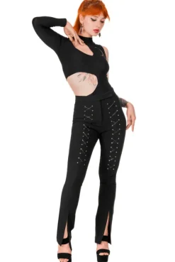 BONDED FLARE PANTS Spodnie z wysokim stanem z rozcięciami i sznurowaniem-Restyle Discount