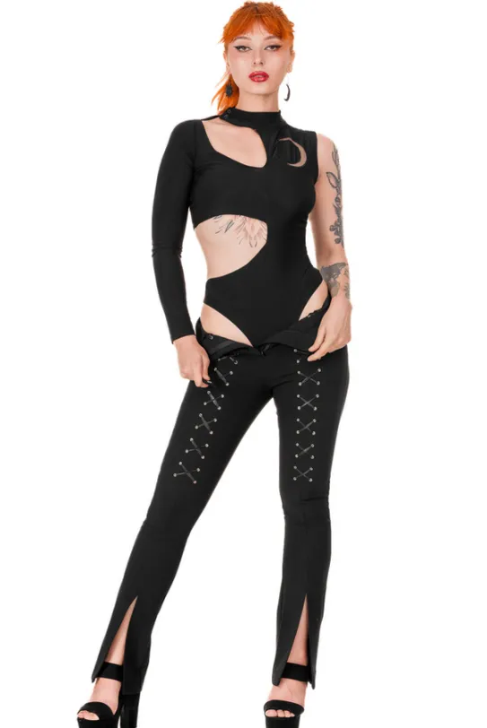 BONDED FLARE PANTS Spodnie z wysokim stanem z rozcięciami i sznurowaniem-Restyle Discount