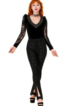 BONDED FLARE PANTS Spodnie z wysokim stanem z rozcięciami i sznurowaniem-Restyle Discount
