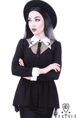 Czarna bluzka z baskinką, Biały, długi kołnierzyk, haft z księżycem "LUNA SHIRT"-Restyle Discount