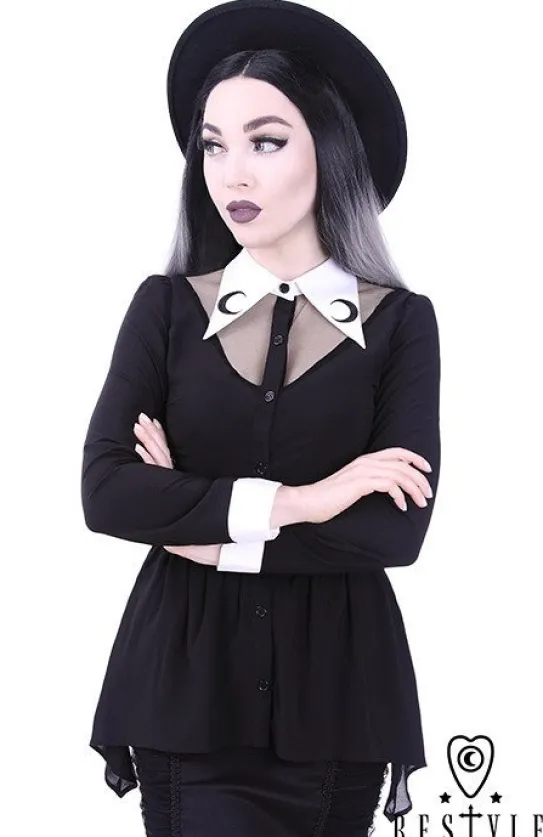 Czarna bluzka z baskinką, Biały, długi kołnierzyk, haft z księżycem "LUNA SHIRT"-Restyle Discount