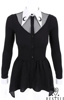 Czarna bluzka z baskinką, Biały, długi kołnierzyk, haft z księżycem "LUNA SHIRT"-Restyle Discount