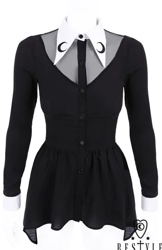 Czarna bluzka z baskinką, Biały, długi kołnierzyk, haft z księżycem "LUNA SHIRT"-Restyle Discount