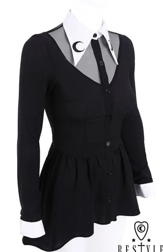 Czarna bluzka z baskinką, Biały, długi kołnierzyk, haft z księżycem "LUNA SHIRT"-Restyle Discount