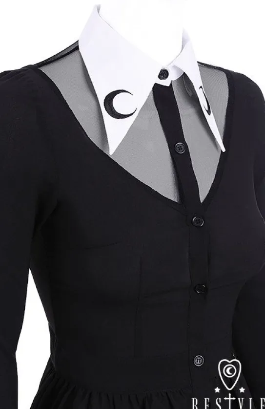 Czarna bluzka z baskinką, Biały, długi kołnierzyk, haft z księżycem "LUNA SHIRT"-Restyle Discount