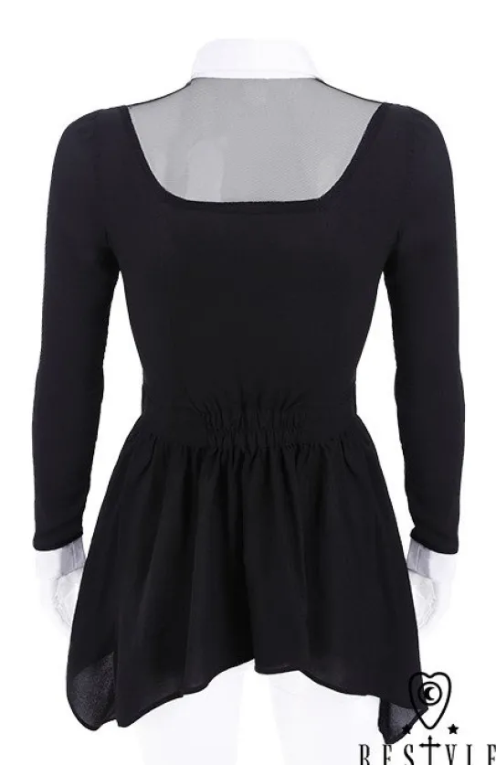 Czarna bluzka z baskinką, Biały, długi kołnierzyk, haft z księżycem "LUNA SHIRT"-Restyle Discount