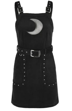Czarna gotycka sukienka z pasem w talii i siatkowanym księżycem CORDUROY CRESCENT DRESS-Restyle Discount