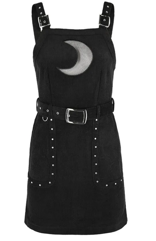 Czarna gotycka sukienka z pasem w talii i siatkowanym księżycem CORDUROY CRESCENT DRESS-Restyle Discount