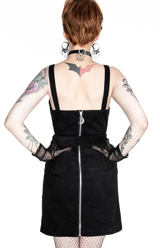 Czarna gotycka sukienka z pasem w talii i siatkowanym księżycem CORDUROY CRESCENT DRESS-Restyle Discount