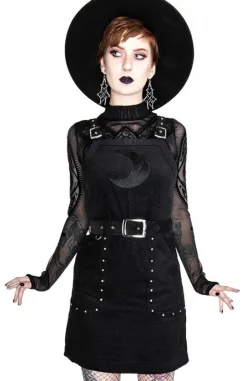 Czarna gotycka sukienka z pasem w talii i siatkowanym księżycem CORDUROY CRESCENT DRESS-Restyle Discount