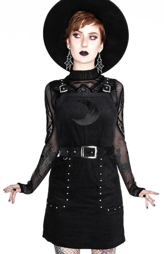 Czarna gotycka sukienka z pasem w talii i siatkowanym księżycem CORDUROY CRESCENT DRESS-Restyle Discount