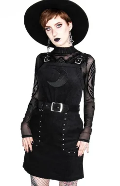 Czarna gotycka sukienka z pasem w talii i siatkowanym księżycem CORDUROY CRESCENT DRESS-Restyle Discount