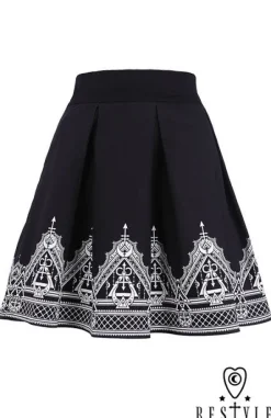 Czarna plisowana spódnica z nadrukiem, księżyce, symbole "HENNA SKIRT"-Restyle Sale