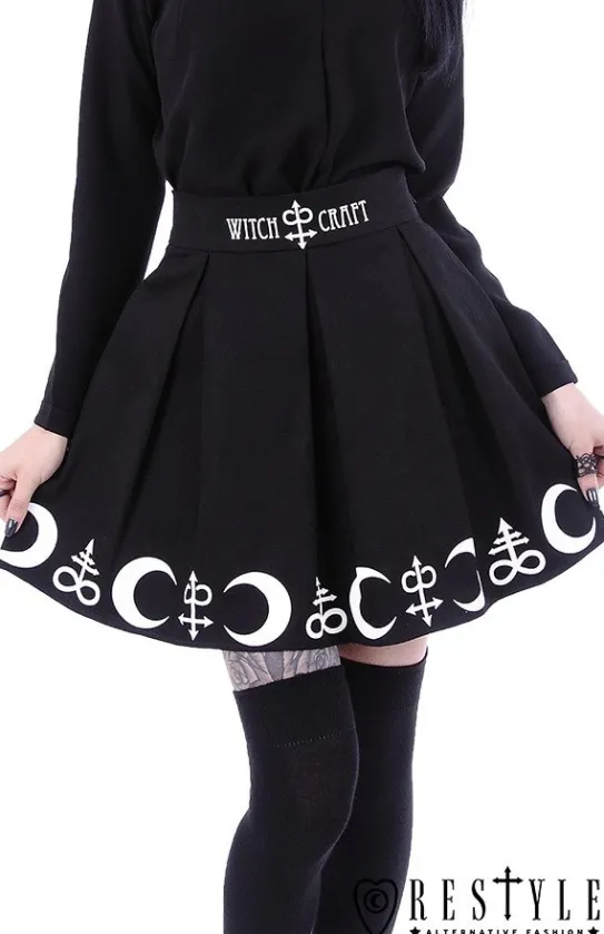 Czarna plisowana spódnica z nadrukiem, księżyce, symbole "SYMBOL SKIRT"-Restyle New