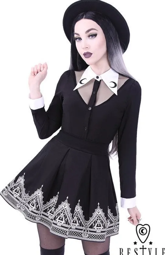 Czarna plisowana spódnica z nadrukiem, księżyce, symbole "HENNA SKIRT"-Restyle Sale
