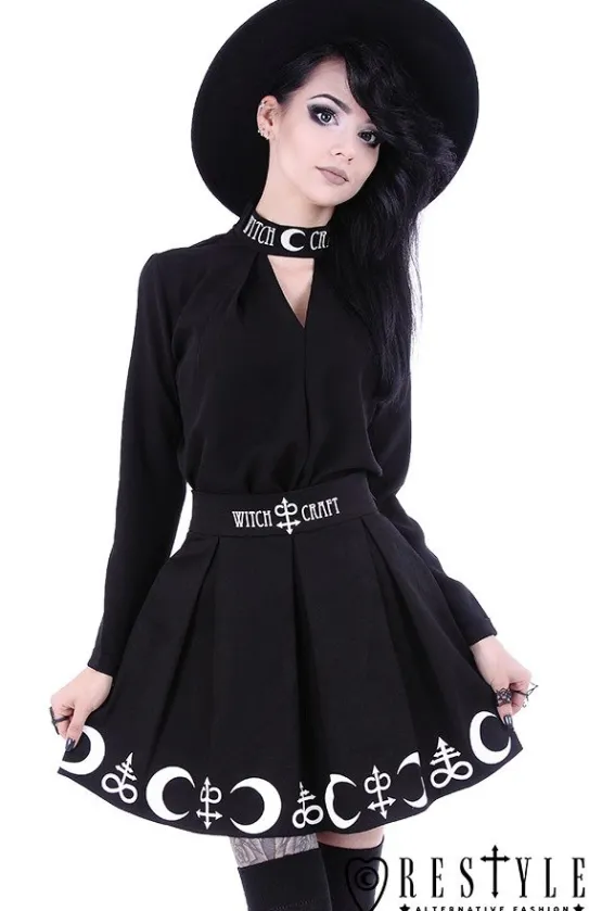 Czarna plisowana spódnica z nadrukiem, księżyce, symbole "SYMBOL SKIRT"-Restyle New
