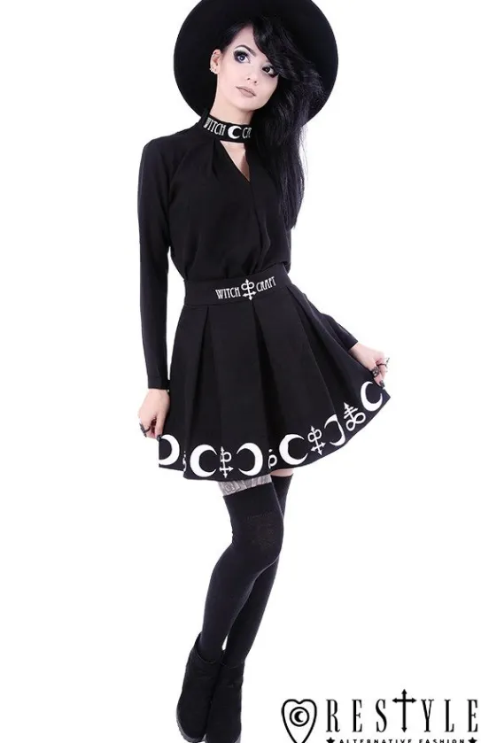 Czarna plisowana spódnica z nadrukiem, księżyce, symbole "SYMBOL SKIRT"-Restyle New