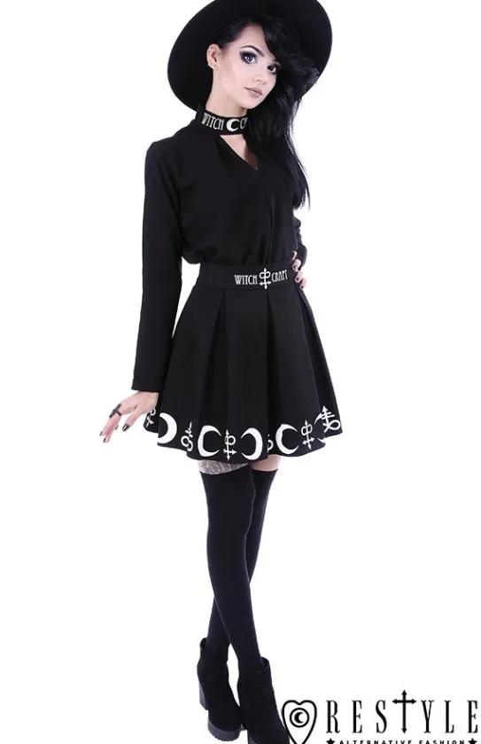 Czarna plisowana spódnica z nadrukiem, księżyce, symbole "SYMBOL SKIRT"-Restyle New