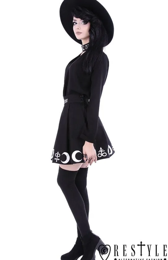 Czarna plisowana spódnica z nadrukiem, księżyce, symbole "SYMBOL SKIRT"-Restyle New