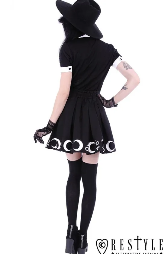Czarna plisowana spódnica z nadrukiem, księżyce, symbole "SYMBOL SKIRT"-Restyle New