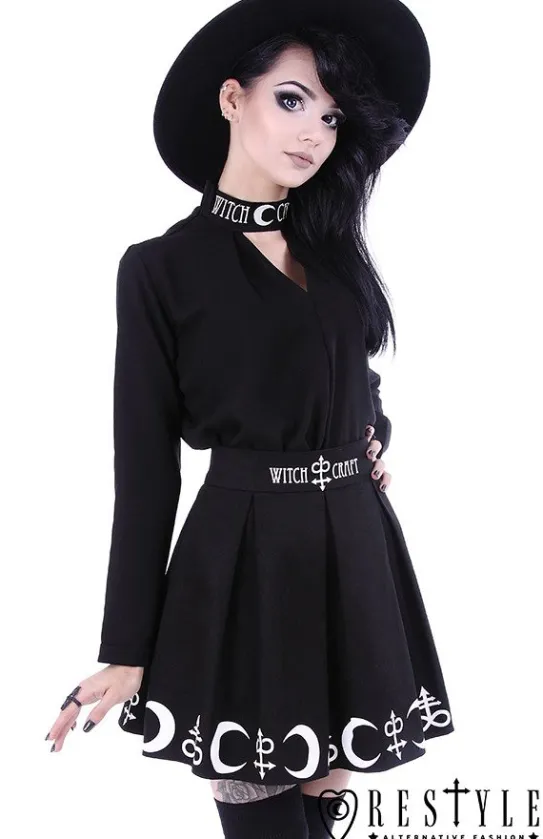 Czarna plisowana spódnica z nadrukiem, księżyce, symbole "SYMBOL SKIRT"-Restyle New