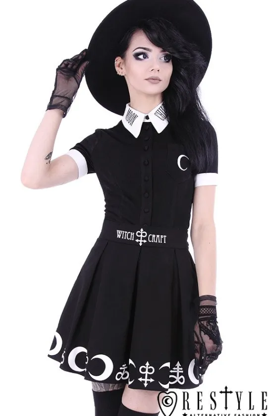 Czarna plisowana spódnica z nadrukiem, księżyce, symbole "SYMBOL SKIRT"-Restyle New