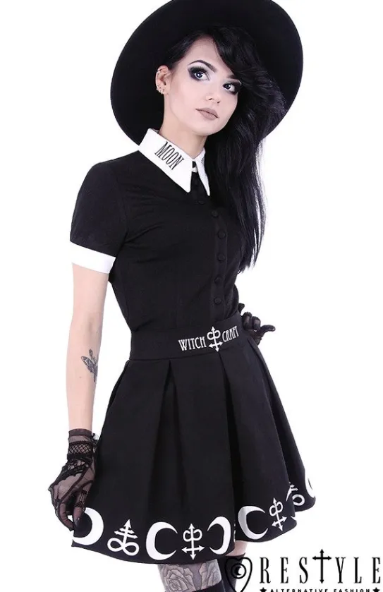 Czarna plisowana spódnica z nadrukiem, księżyce, symbole "SYMBOL SKIRT"-Restyle New