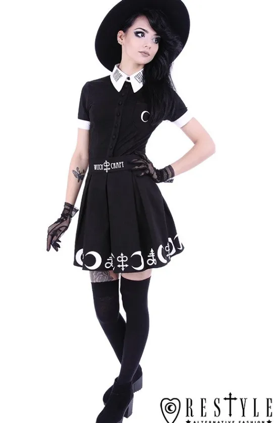 Czarna plisowana spódnica z nadrukiem, księżyce, symbole "SYMBOL SKIRT"-Restyle New