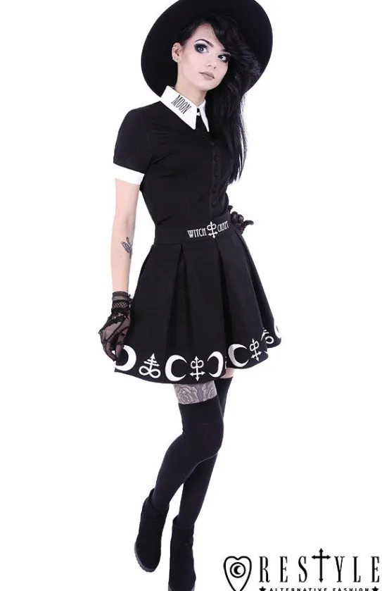 Czarna plisowana spódnica z nadrukiem, księżyce, symbole "SYMBOL SKIRT"-Restyle New