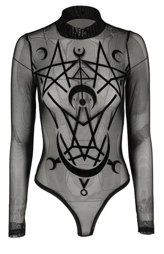 Czarne gotyckie body z siatki geometryczne MOON CHILD MESH BODY-Restyle Sale