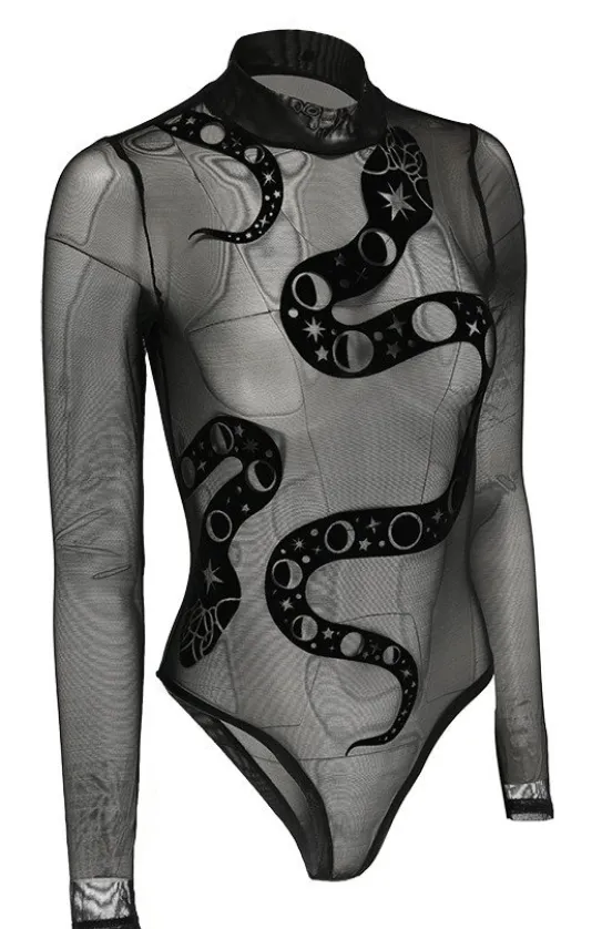 Czarne gotyckie siatkowane body z wężem SNAKE MESH BODY-Restyle Discount