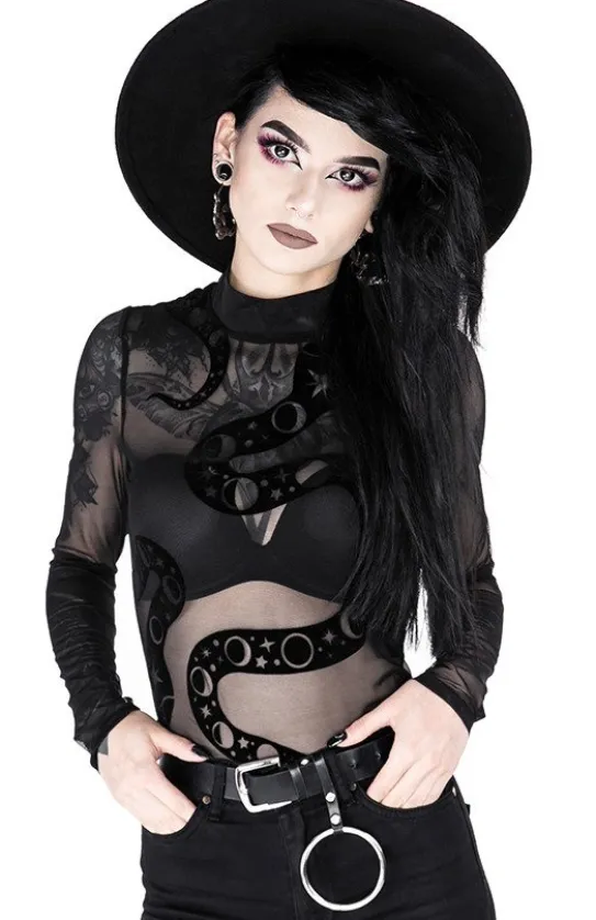 Czarne gotyckie siatkowane body z wężem SNAKE MESH BODY-Restyle Discount