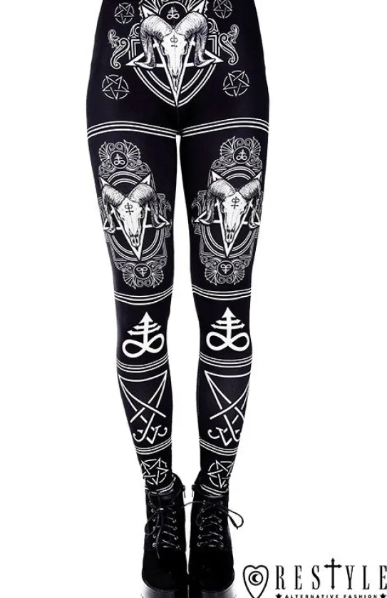 Czarne legginsy z nadrukiem w czaszki i pentagramy "SATANIC LEGGINGS"-Restyle Online