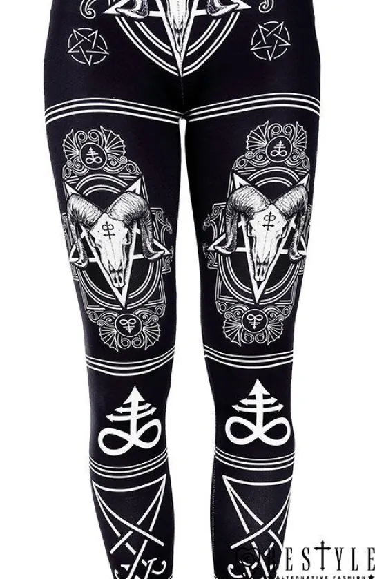 Czarne legginsy z nadrukiem w czaszki i pentagramy "SATANIC LEGGINGS"-Restyle Online