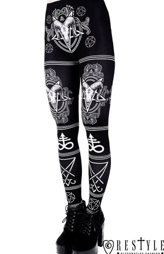 Czarne legginsy z nadrukiem w czaszki i pentagramy "SATANIC LEGGINGS"-Restyle Online