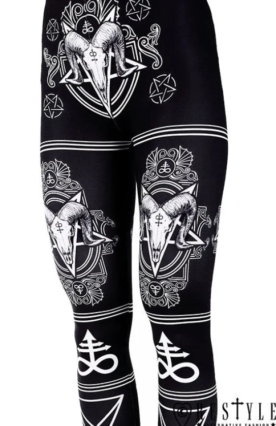 Czarne legginsy z nadrukiem w czaszki i pentagramy "SATANIC LEGGINGS"-Restyle Online