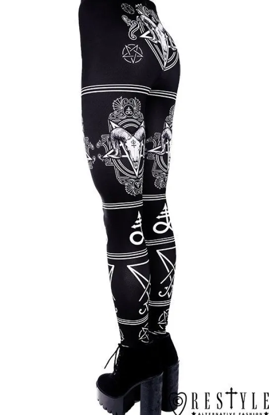 Czarne legginsy z nadrukiem w czaszki i pentagramy "SATANIC LEGGINGS"-Restyle Online