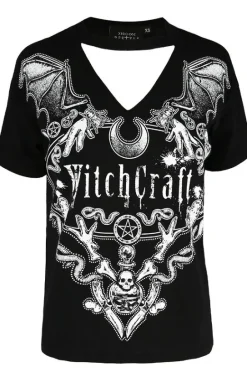 Czarny damski gotycki T-shirt z chokerem Witchcraft-Restyle Discount