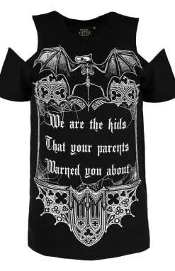 Czarny damski gotycki T-shirt cold shoulder We are the kids-Restyle New