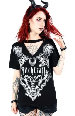 Czarny damski gotycki T-shirt z chokerem Witchcraft-Restyle Discount