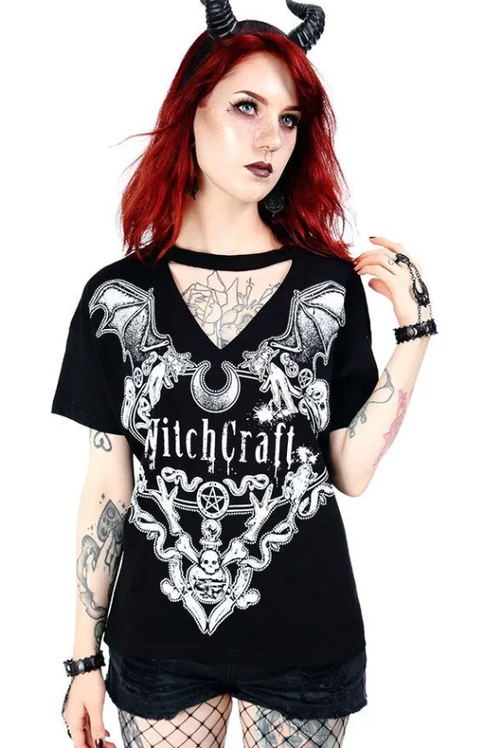 Czarny damski gotycki T-shirt z chokerem Witchcraft-Restyle Discount