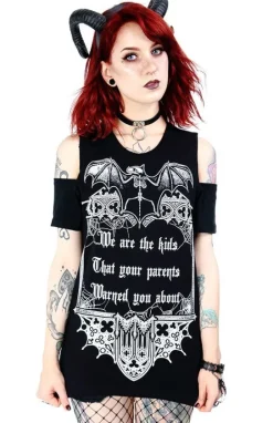 Czarny damski gotycki T-shirt cold shoulder We are the kids-Restyle New