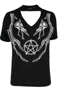 Czarny damski pogański T-shirt z chokerem ANTLERS V-neck-Restyle Online