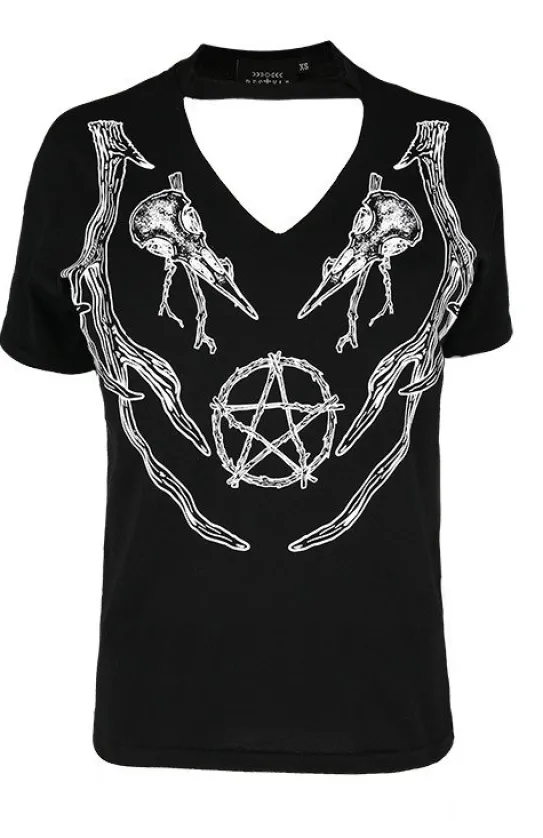 Czarny damski pogański T-shirt z chokerem ANTLERS V-neck-Restyle Online
