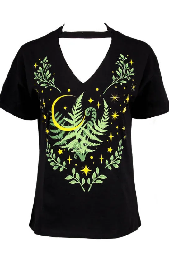 Czarny damski pogański T-shirt z chokerem Herbal V-neck Paproć-Restyle Best